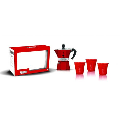 Подаръчен комплект Bialetti moka express 3 порции + 3 чаши, червен