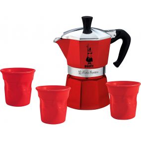 Подаръчен комплект Bialetti moka express 3 порции + 3 чаши, червен