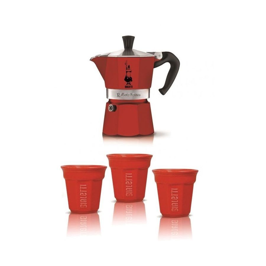 Подаръчен комплект Bialetti moka express 3 порции + 3 чаши, червен